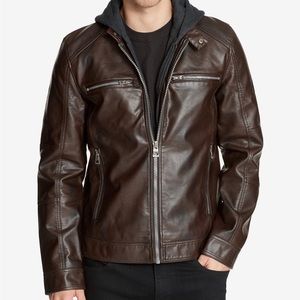 Guess Faux Leather Detachable Hood Jacket - Size L